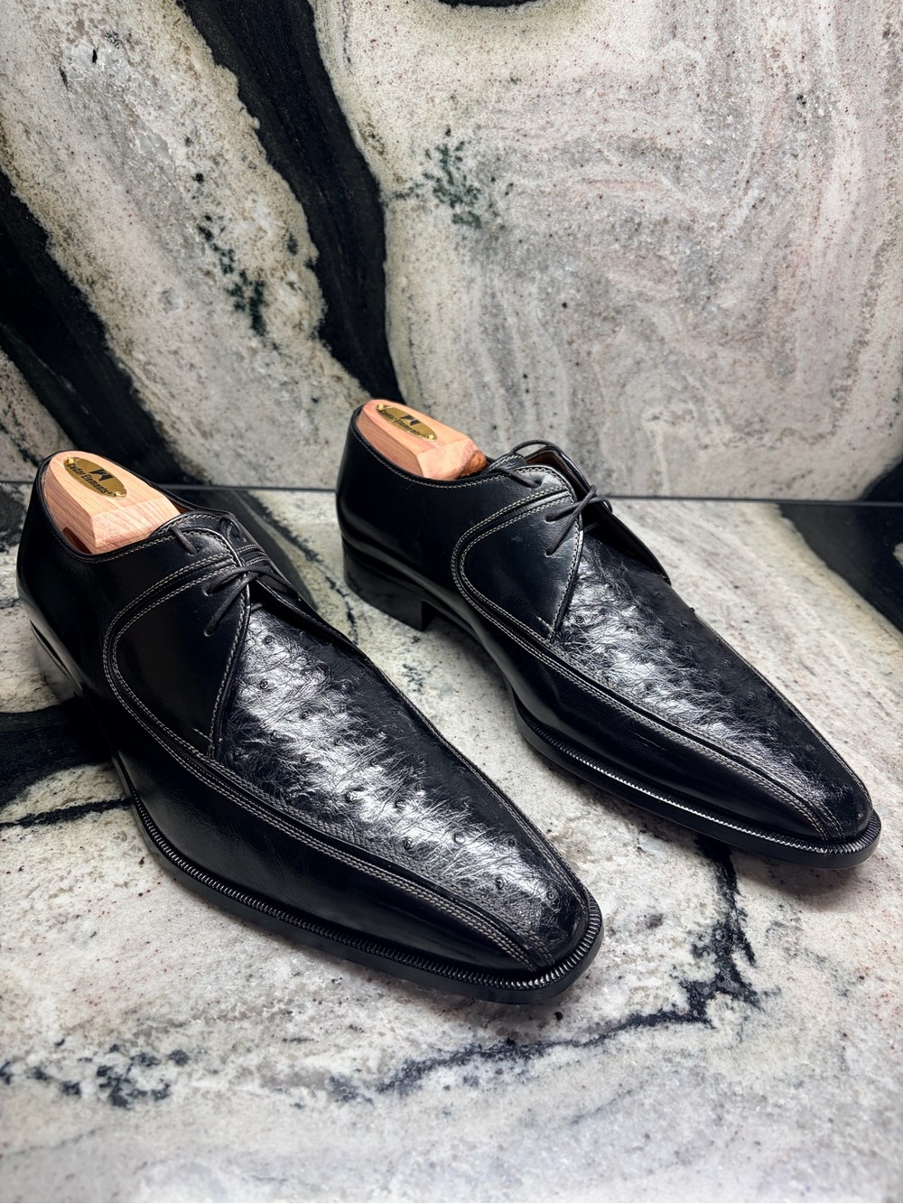 A Testoni Black Label Ostrich Leather Shoes UK 8.5 H Italy Bologna
